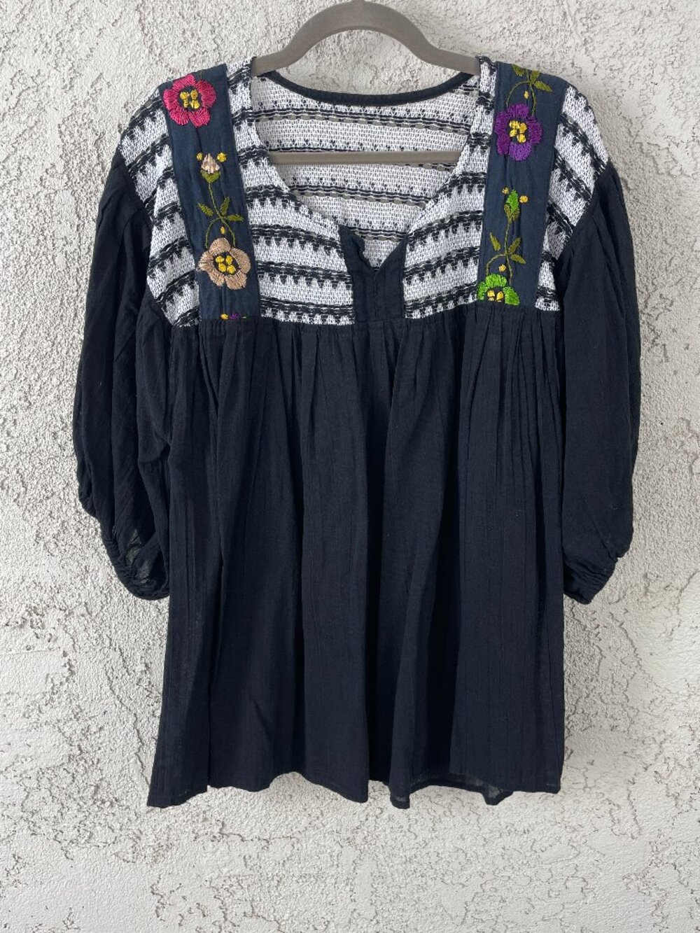 Artisanal Embroidered Peasant Blouse Black Cotton Gauze Boho Folk Top Size XL
